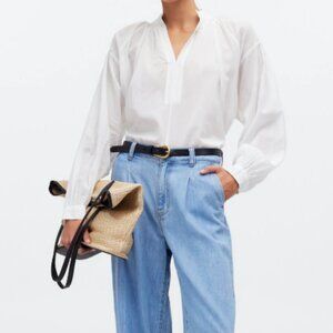 Madewell Flowy Boxy Shirred V-Neck Long Sleeve Top/Blouse in Eyelet White NWT